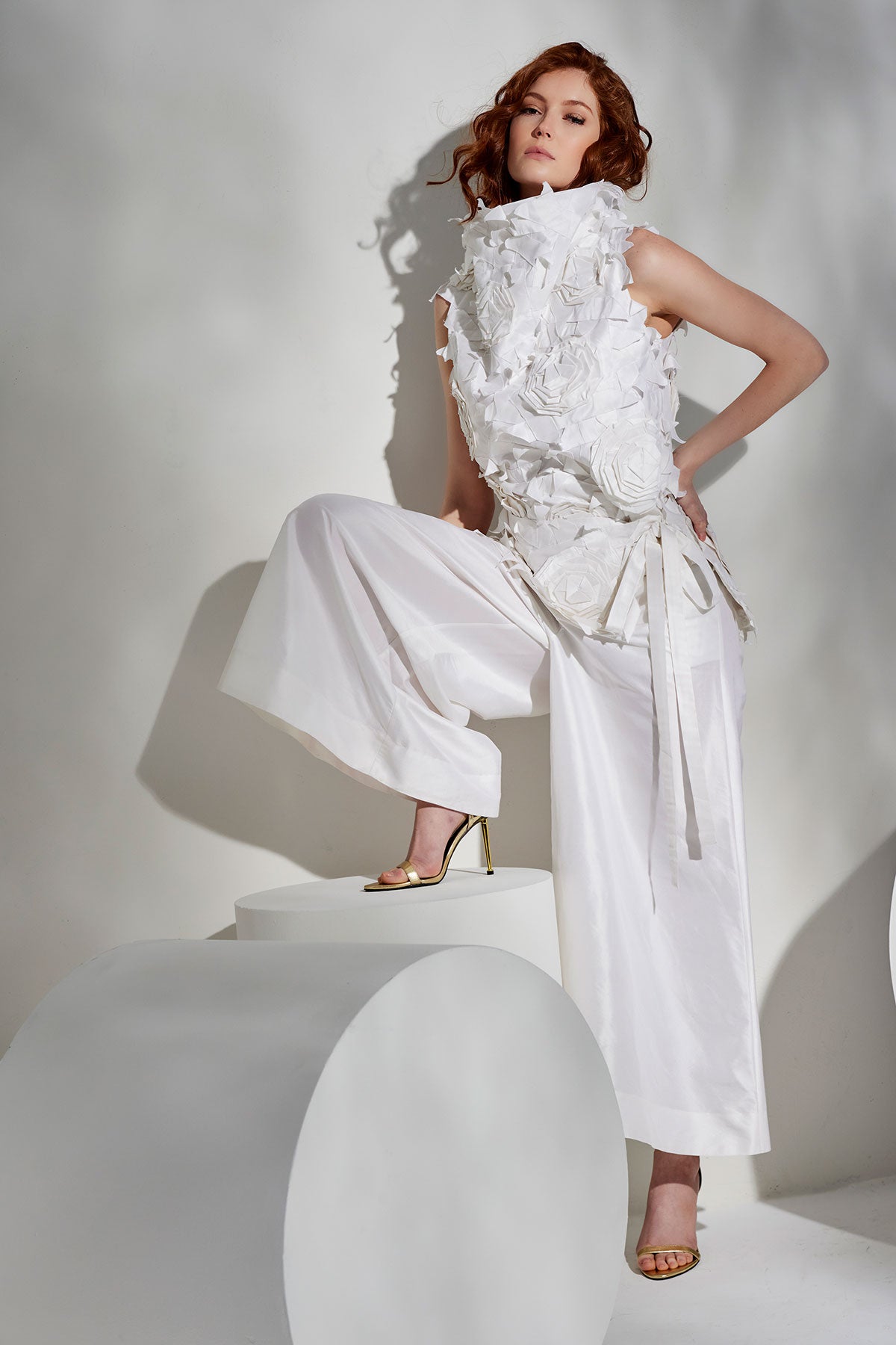 Natori Couture Silk Dupioni Embellished Funnel Neck Top