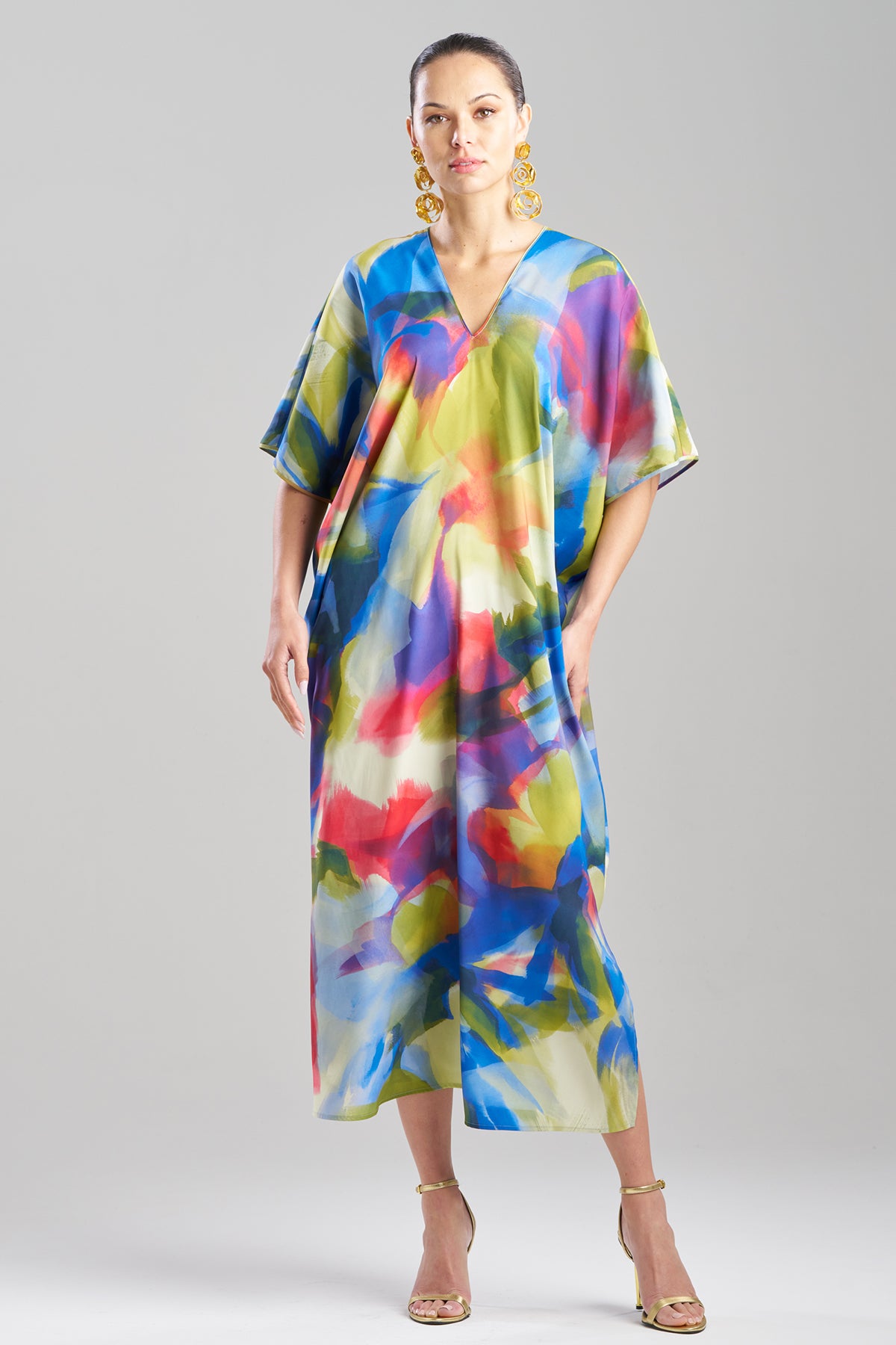 Natori Kumo Printed Stretch Satin V-Neck Caftan