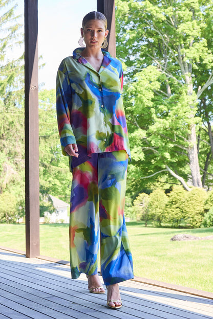 Natori Kumo Printed Stretch Satin Oversized Notch Shirt