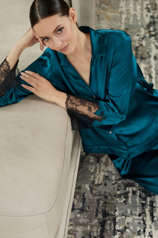 Natori Lolita Lace Trim Silk Notch PJ