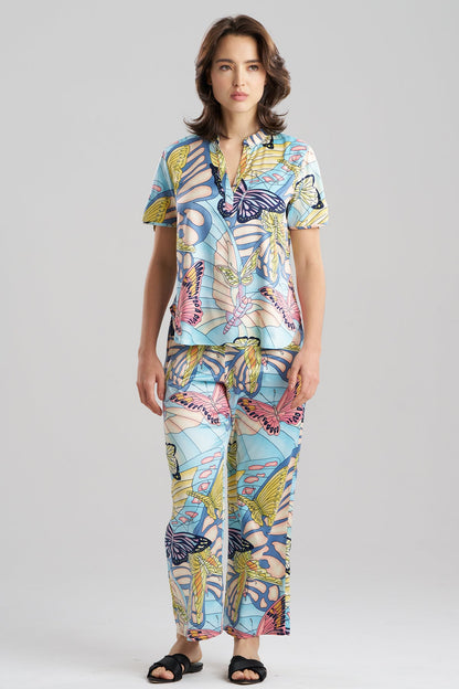 Natori Papillon Printed Satin Mandarin Short Sleeve PJ Set
