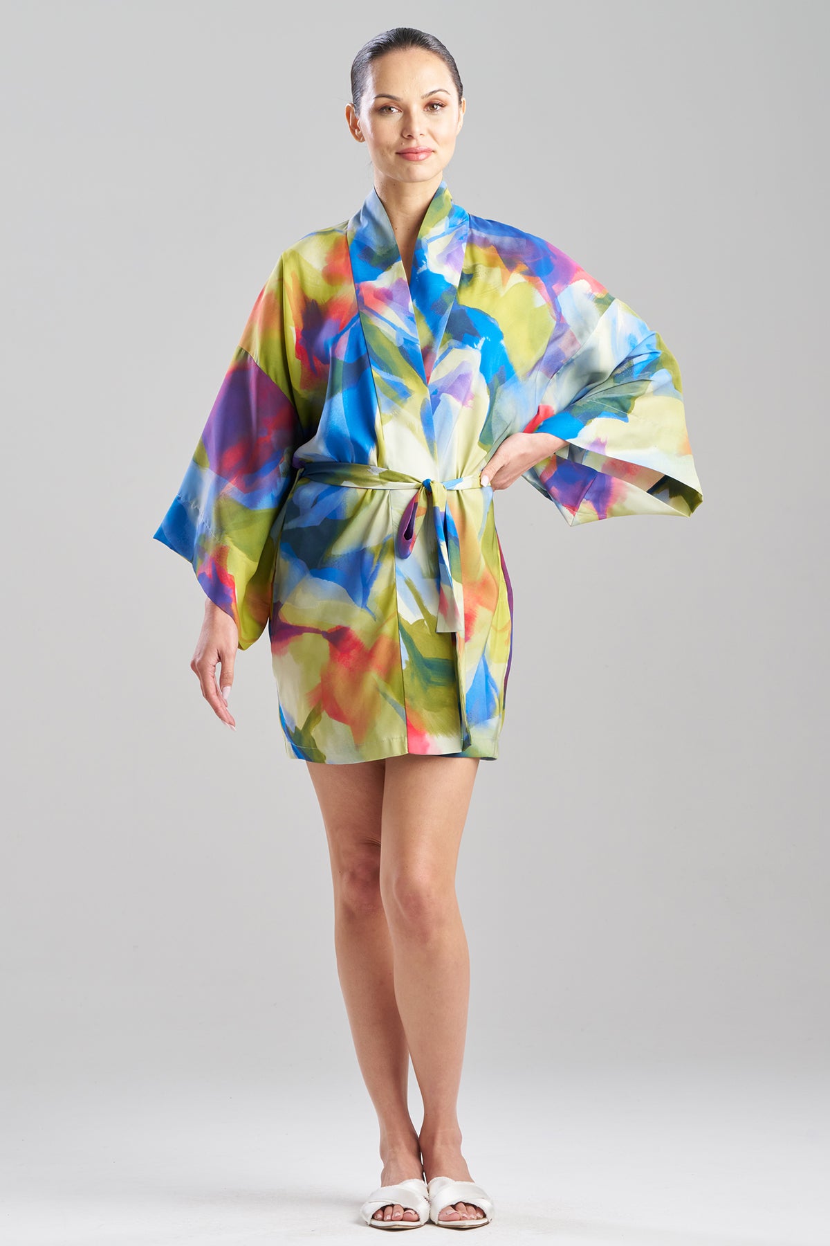 Natori Kumo Printed Stretch Satin Kimono Wrap