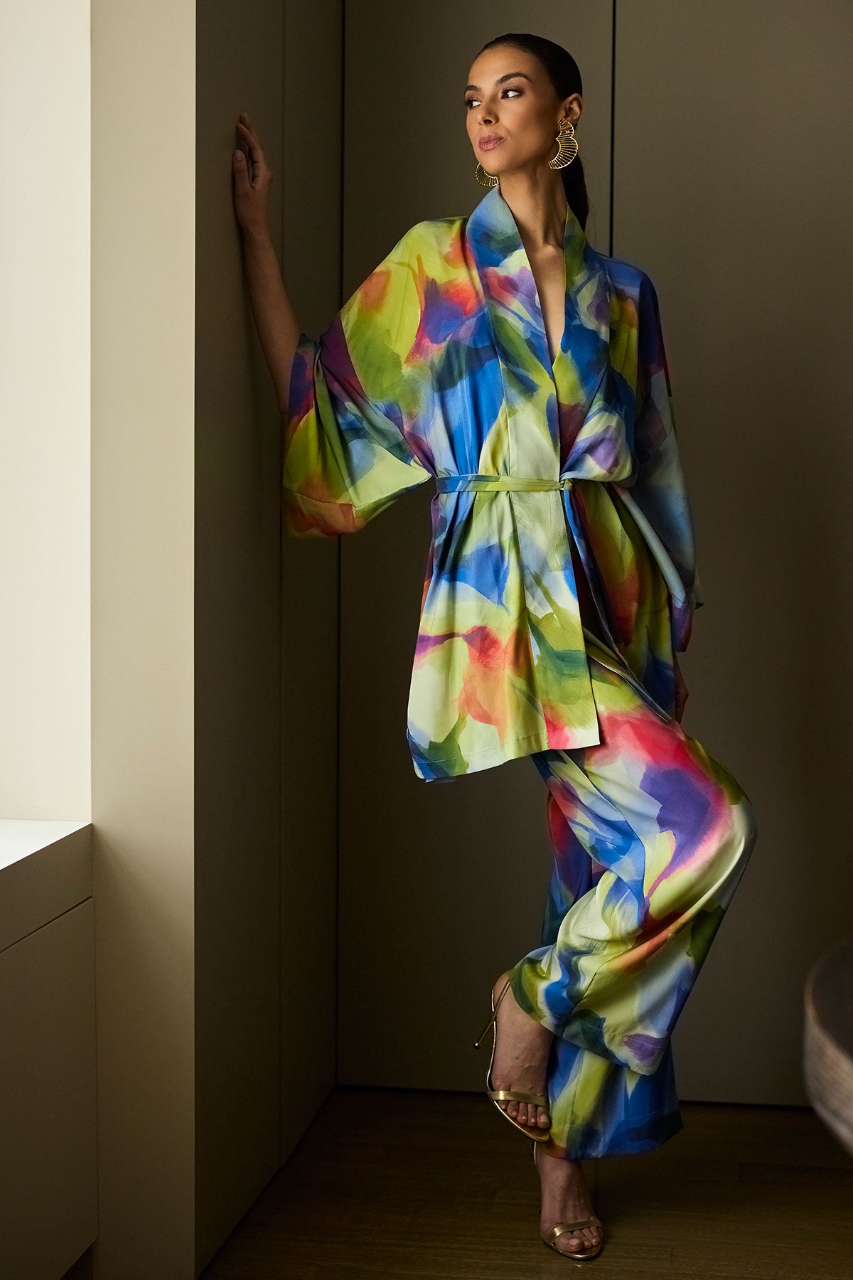 Natori Kumo Printed Stretch Satin Kimono Wrap
