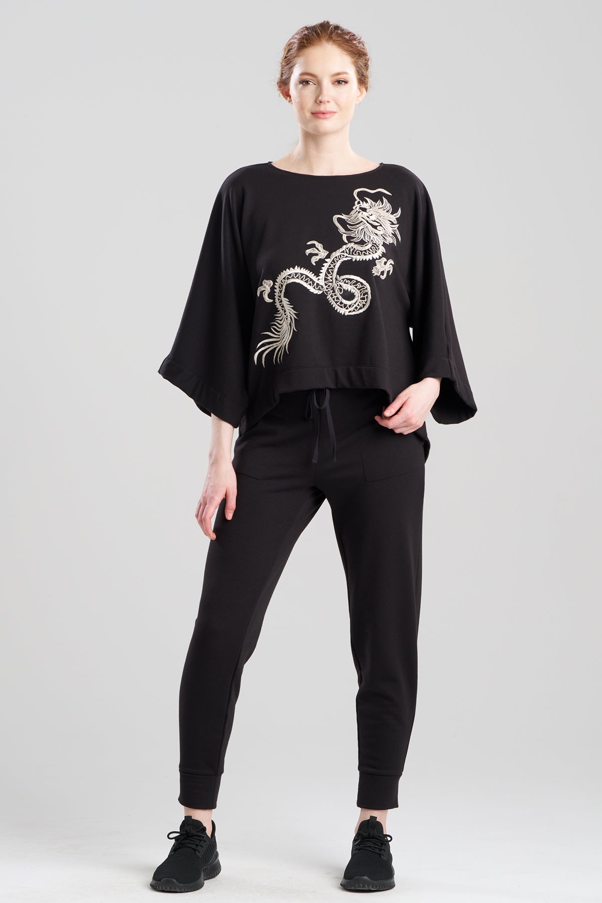 Natori Cocoon Brushed French Terry Dragon Embroidered Kimono Top