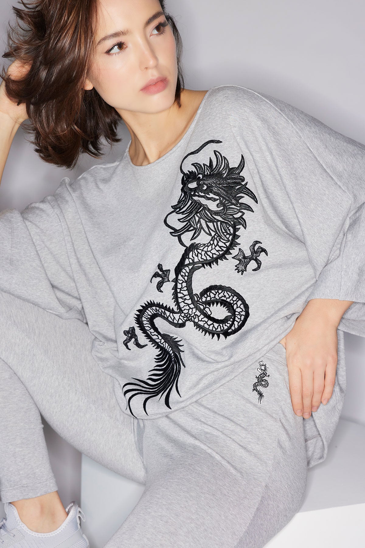 Natori Cocoon Brushed French Terry Dragon Embroidered Kimono Top