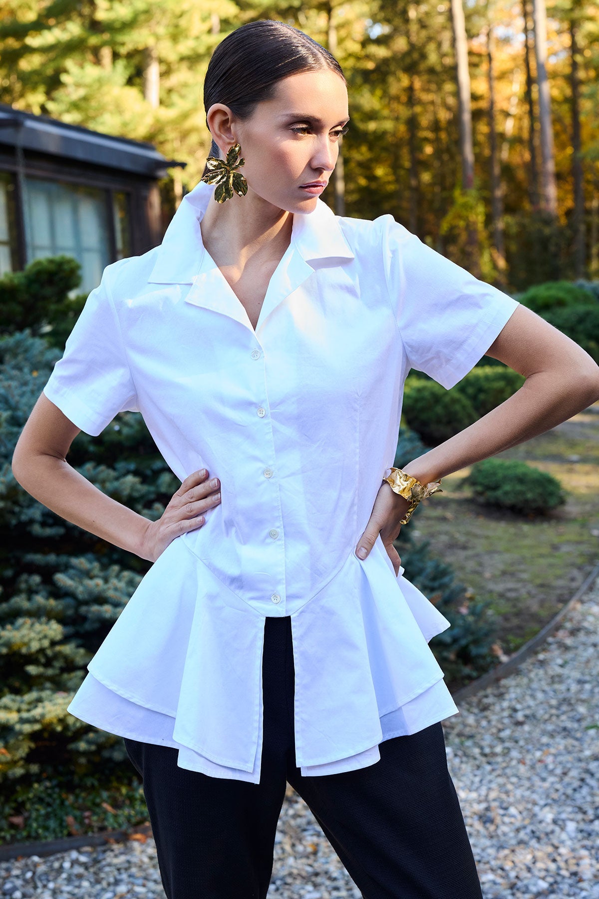 Natori Cotton Poplin Tiered Hem Short Sleeve Shirt