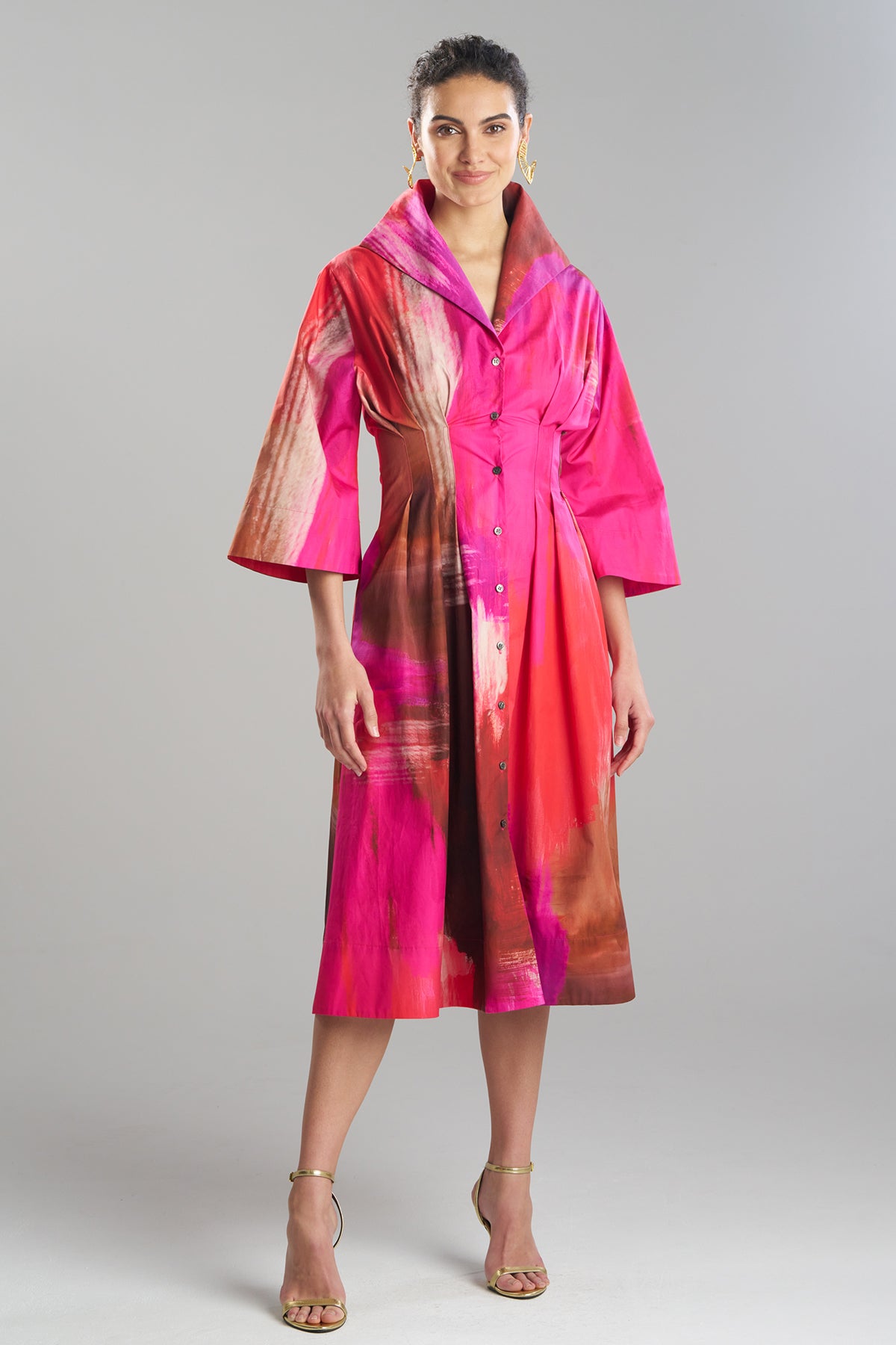 Natori Brushstroke Cotton Taffeta Bell Sleeve Shirtdress