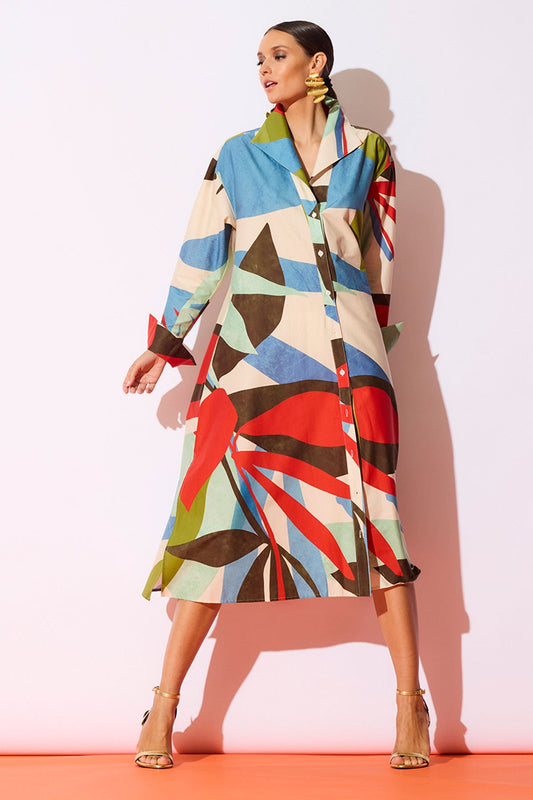 Natori Abstract Palm Cotton Poplin Oversized Button Down Shirtdress