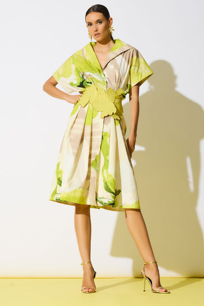Natori Orchid Cotton Poplin Pleat Release Button Down Shirtdress
