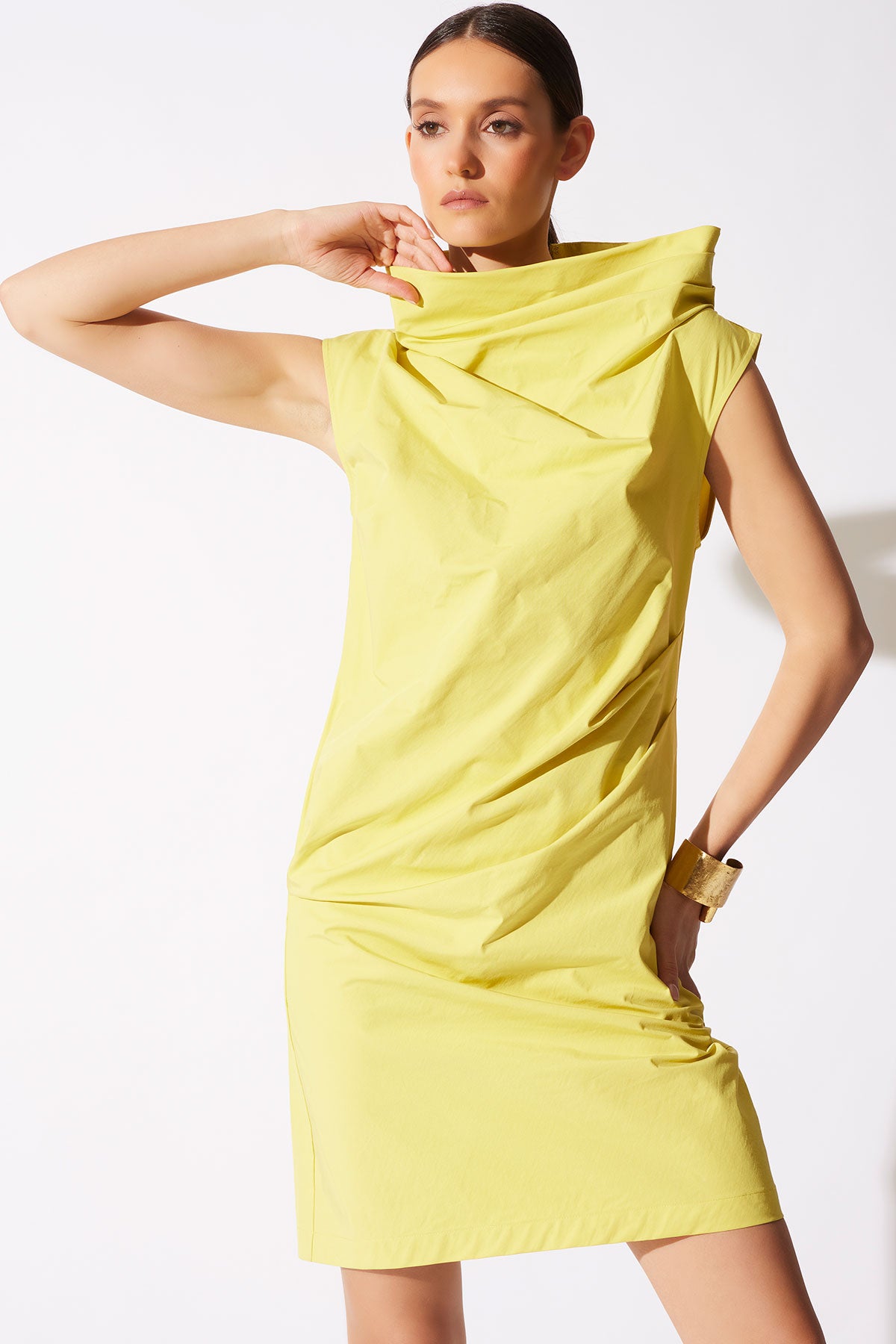 Natori Tech Cotton Taffeta Asymmetric Funnel Neck Dress