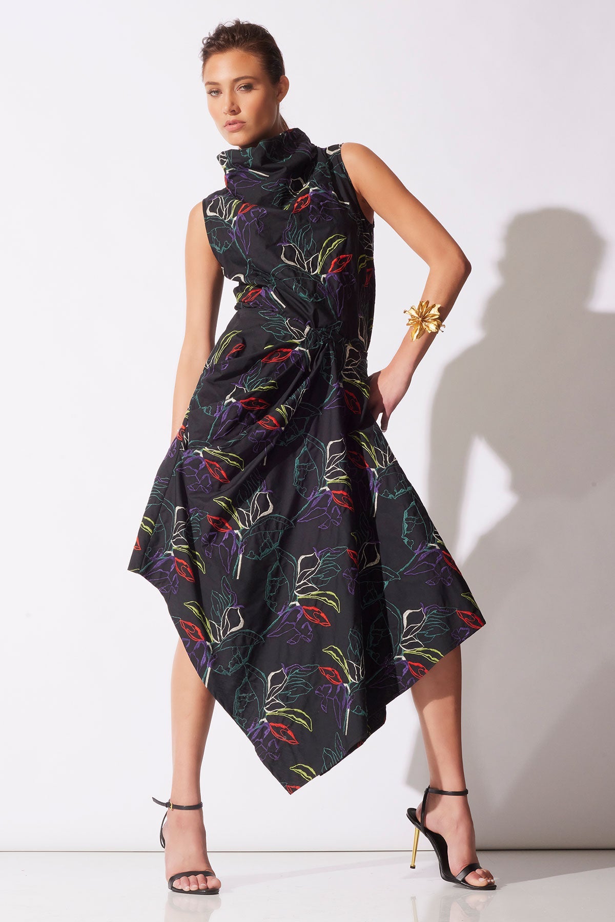 Natori Yoru Embroidered Cotton Poplin Origami Asymmetric Skirt