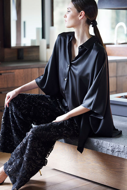 Natori Luxe Charmeuse Button Down Caftan Shirt