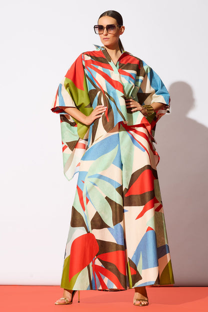 Natori Abstract Palm Cotton Poplin Pull On Palazzo Pants