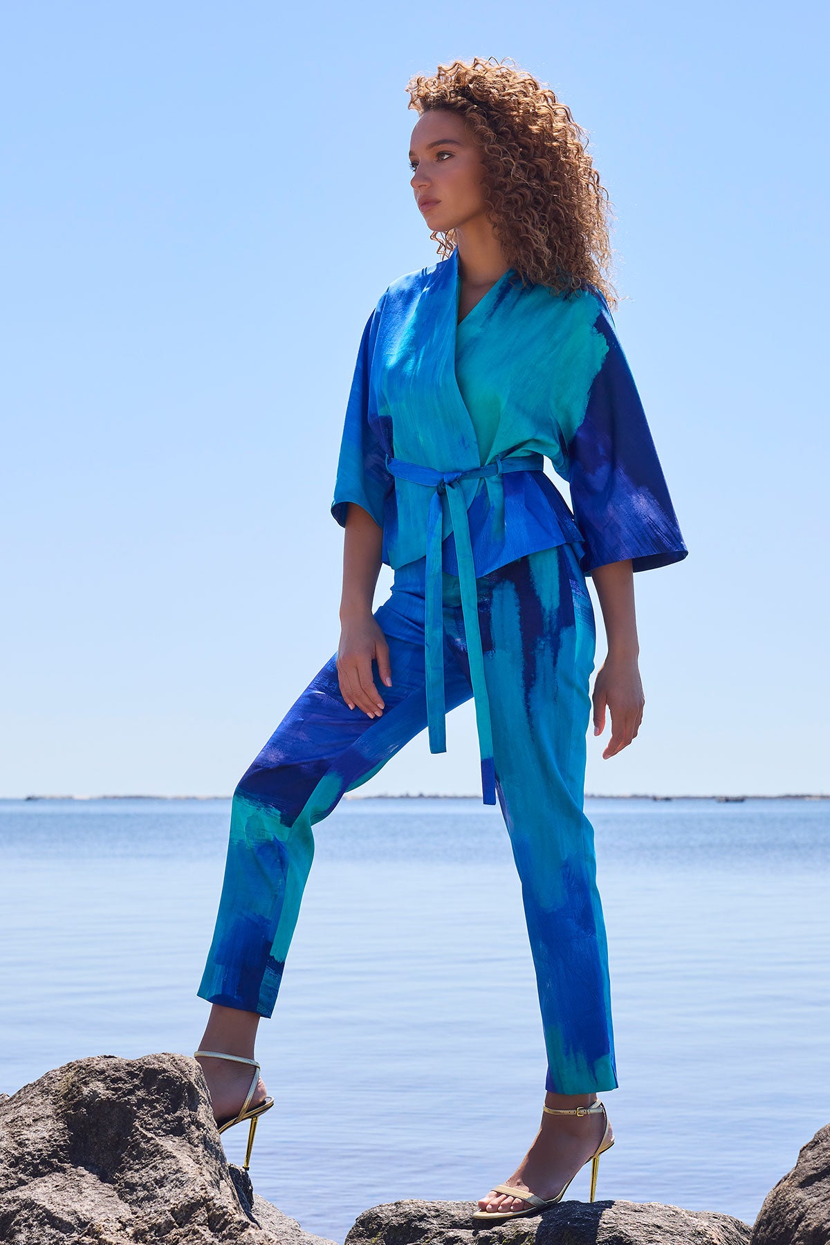 Natori Brushstroke Cotton Chino Belted Kimono Jacket