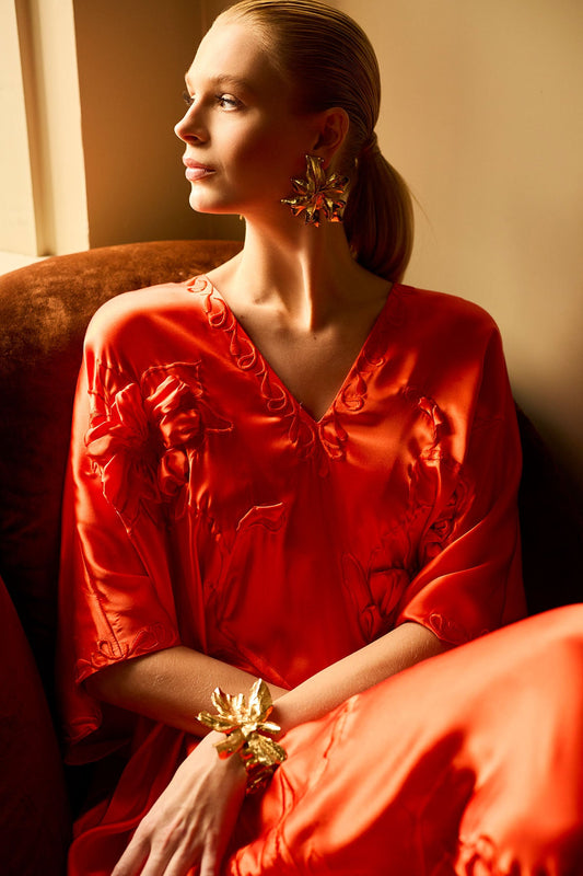 Natori Couture Mokuren Embroidered Silk Caftan