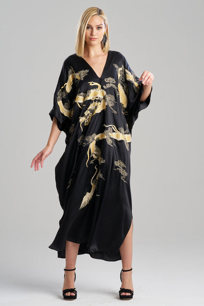Natori Buy Couture Lucky Dragon Embroidered Cocoon Silk Caftan in Black Online