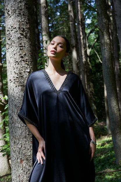 Natori Buy Key Essentials Embellished Cocoon Silk Caftan in Black Online