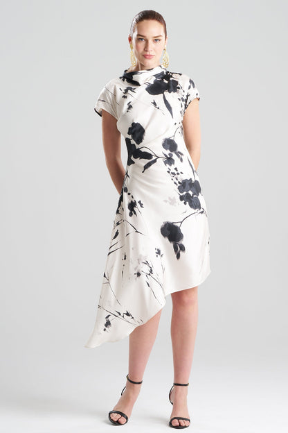 Natori Nara Silk Twill Asymmetric Pleated Dress