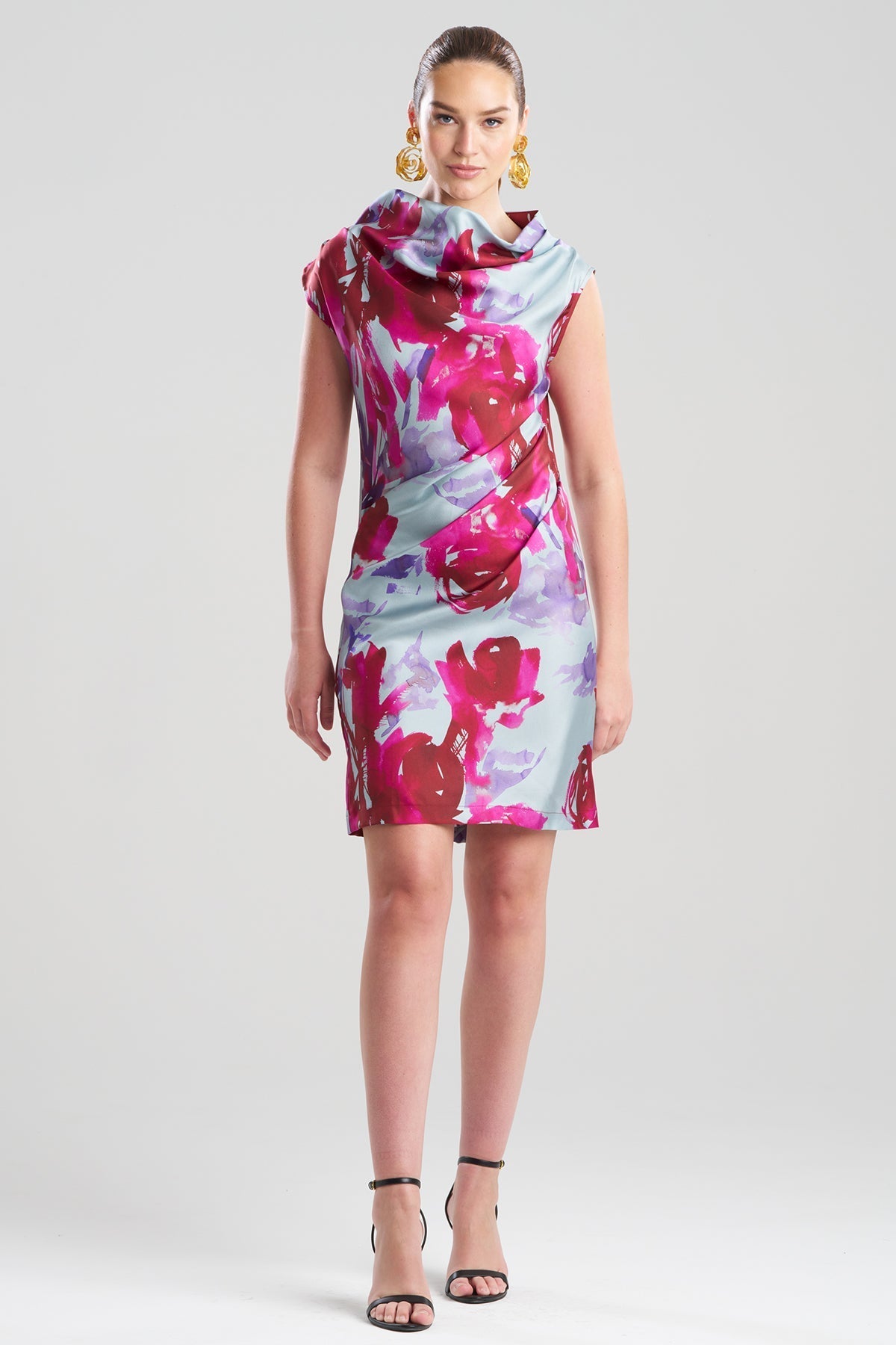 Natori Mira Silk Twill Asymmetric Funnel Neck Dress