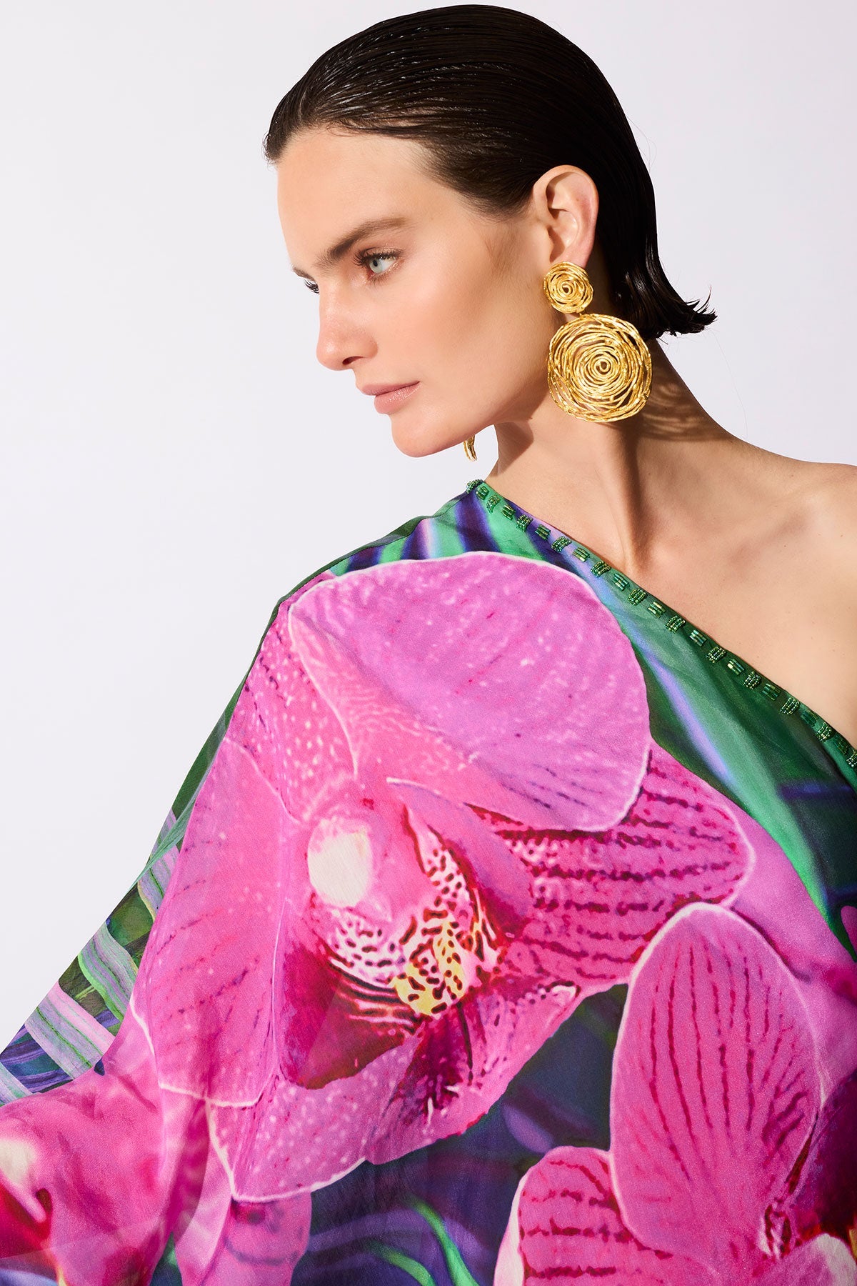 Natori Orchid Silk Cotton Voile One Shoulder Beaded Caftan