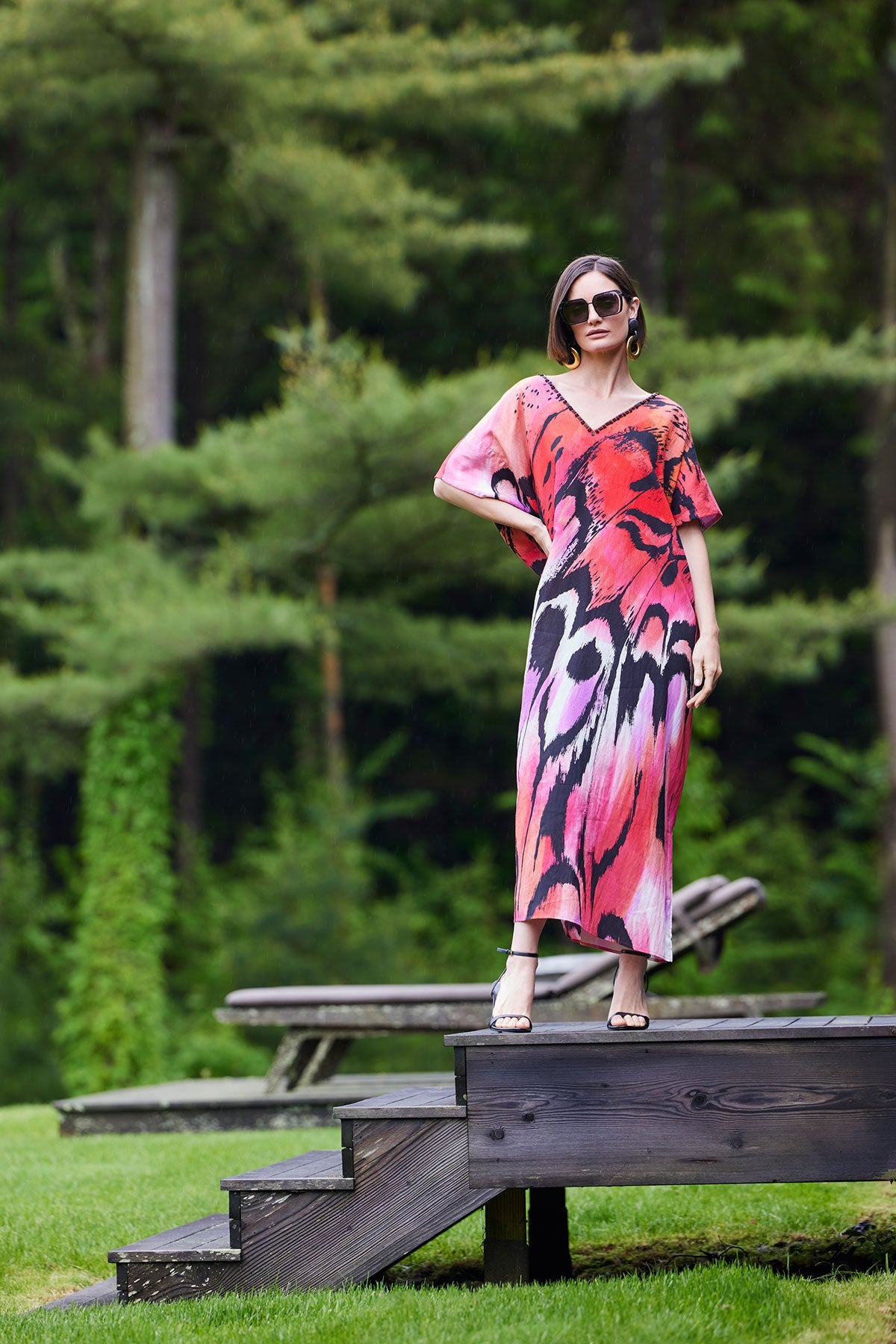 Natori Butterfly Linen Blend Beaded Caftan