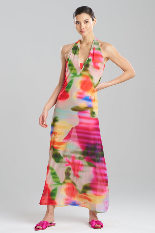 Natori Floral Mirage Printed Mesh Halter Dress