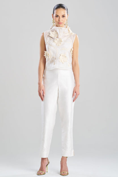 Natori Couture Silk Organza Embellished Funnel Neck Top