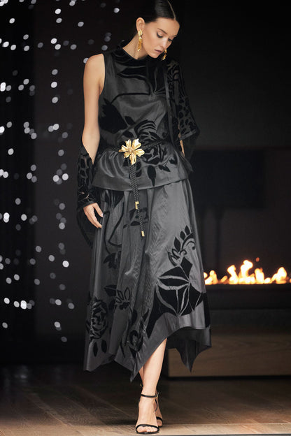 Natori Couture Silk Dupioni Embroidered Skirt