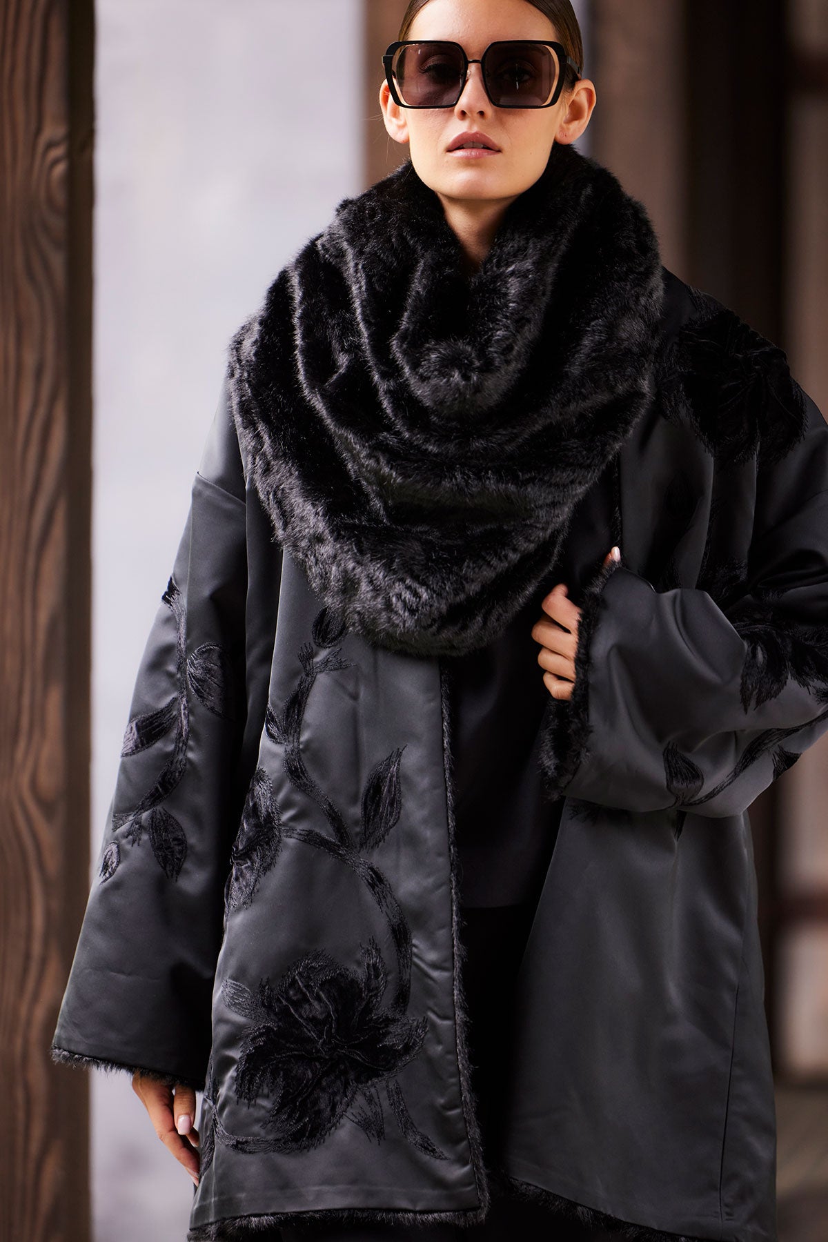 Natori Couture Duchess Satin Embroidered Fur Coat
