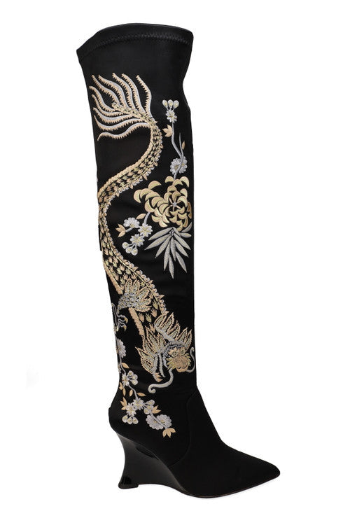 Natori Buy Natsu Satin Embroidered Dragon Stretch Over the Knee Boot in Black/Metallic Online