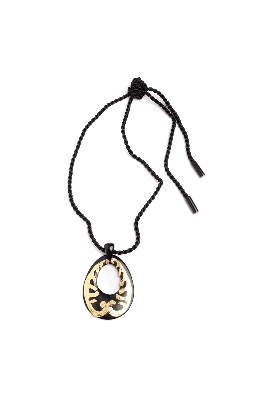 Natori Buy Buffalo Horn Gold Scroll Oval Pendant Necklace in Black Online